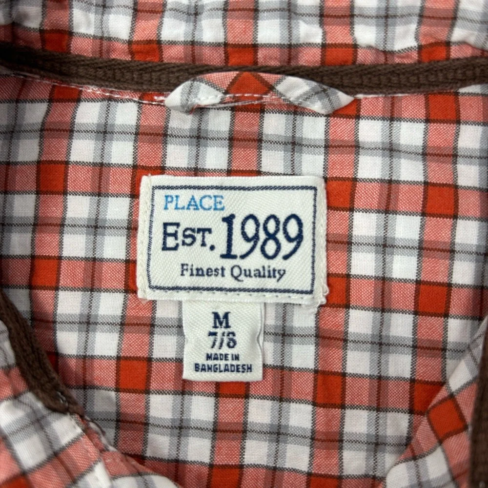 Place‎ Est. 1989 Orange White Black Plaid Boys Long Sleeve Shirt Size M 7/8
